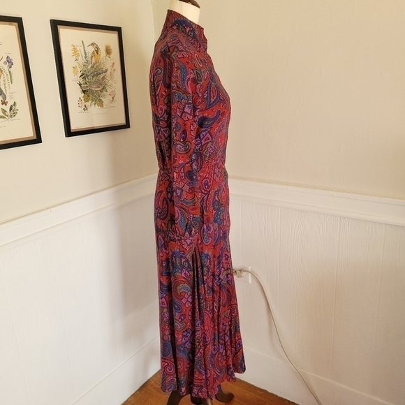 Vintage 70s Burgundy Paisley Button Front Long Sleeve Pleated Shirt Dress Size 4 - Picture 9 of 16